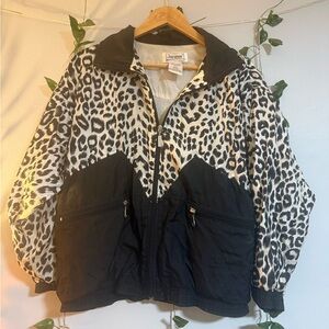 Janeve Vintage Leopard Print Windbreaker Jacket - Cheetah Black & White Lined